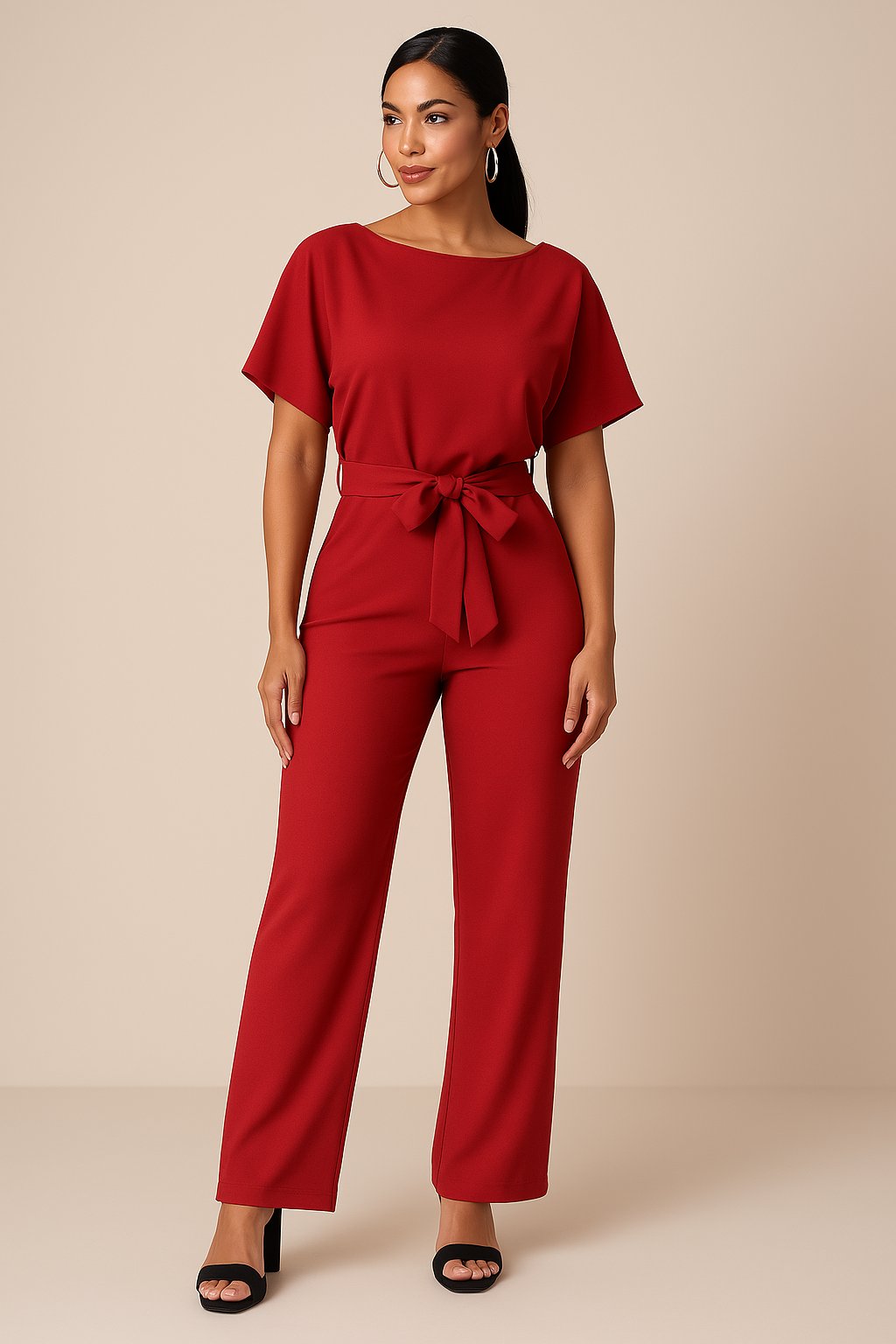 Damen Kurzarm Bindegürtel Weites-Bein Jumpsuit en Rojo