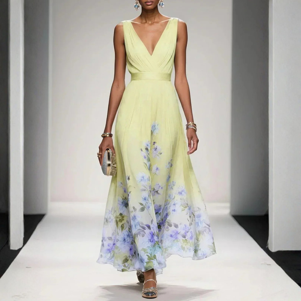 Damen Langes Abendkleid im Floralen Stil für Hochzeitsgäste in Gelb