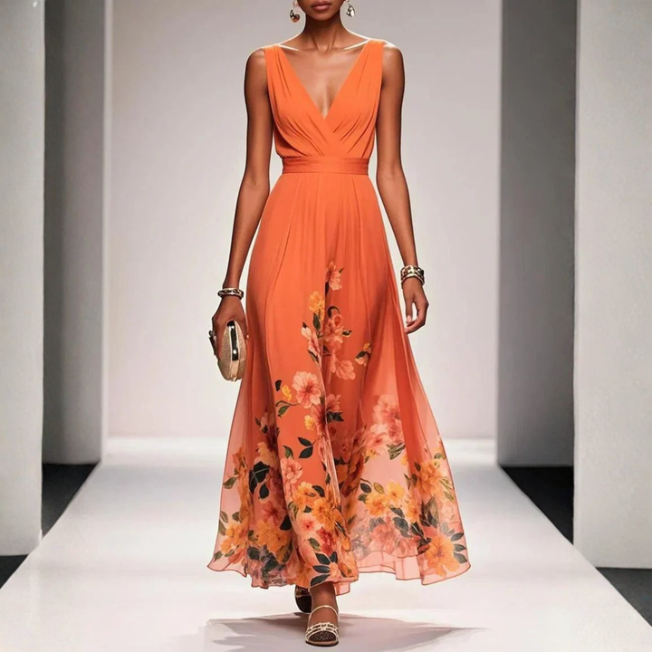 Damen Langes Abendkleid im Floralen Stil für Hochzeitsgäste in Orange