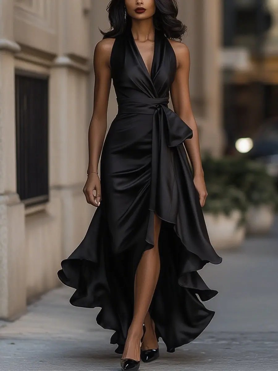 Damen Langes Abendkleid im Wickelstil in Schwarz