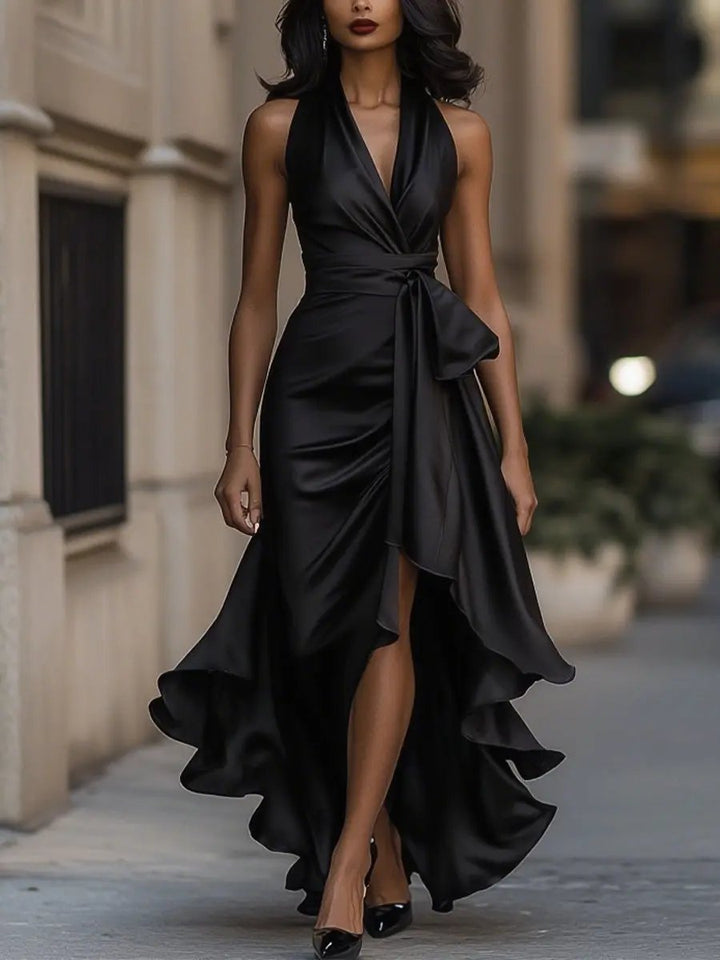 Damen Langes Abendkleid im Wickelstil in Schwarz