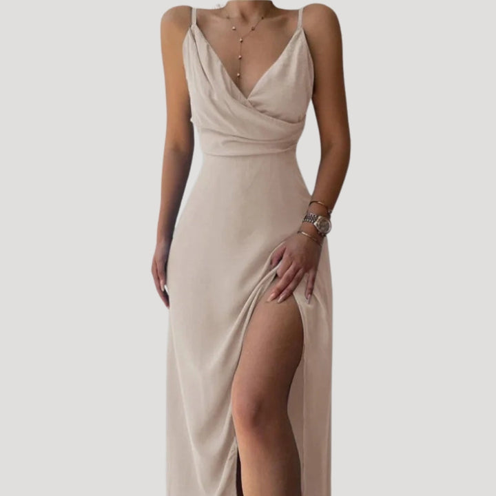 Damen Langes Abendkleid mit Schlitz in Beige