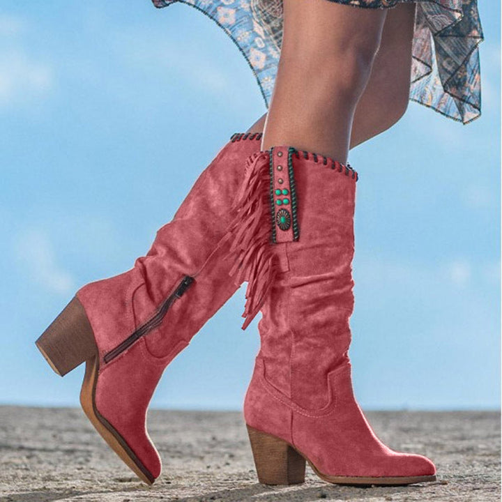 Damen Lederstiefel kniehoch im Western-Stil für Herbst in Rot