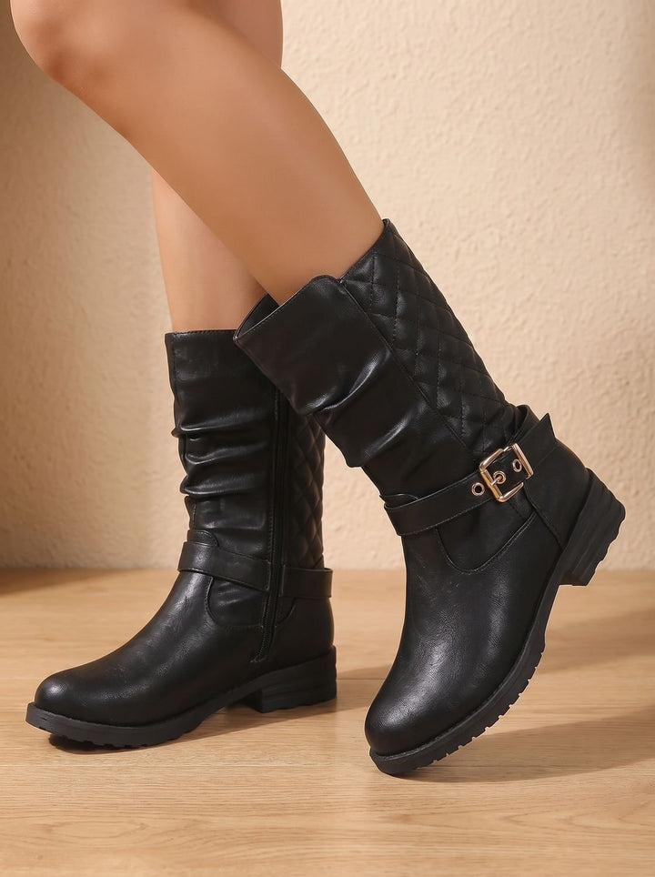Damen Lederstiefel mit Blockabsatz und gerafftem Schaft in Goldfarben 3
