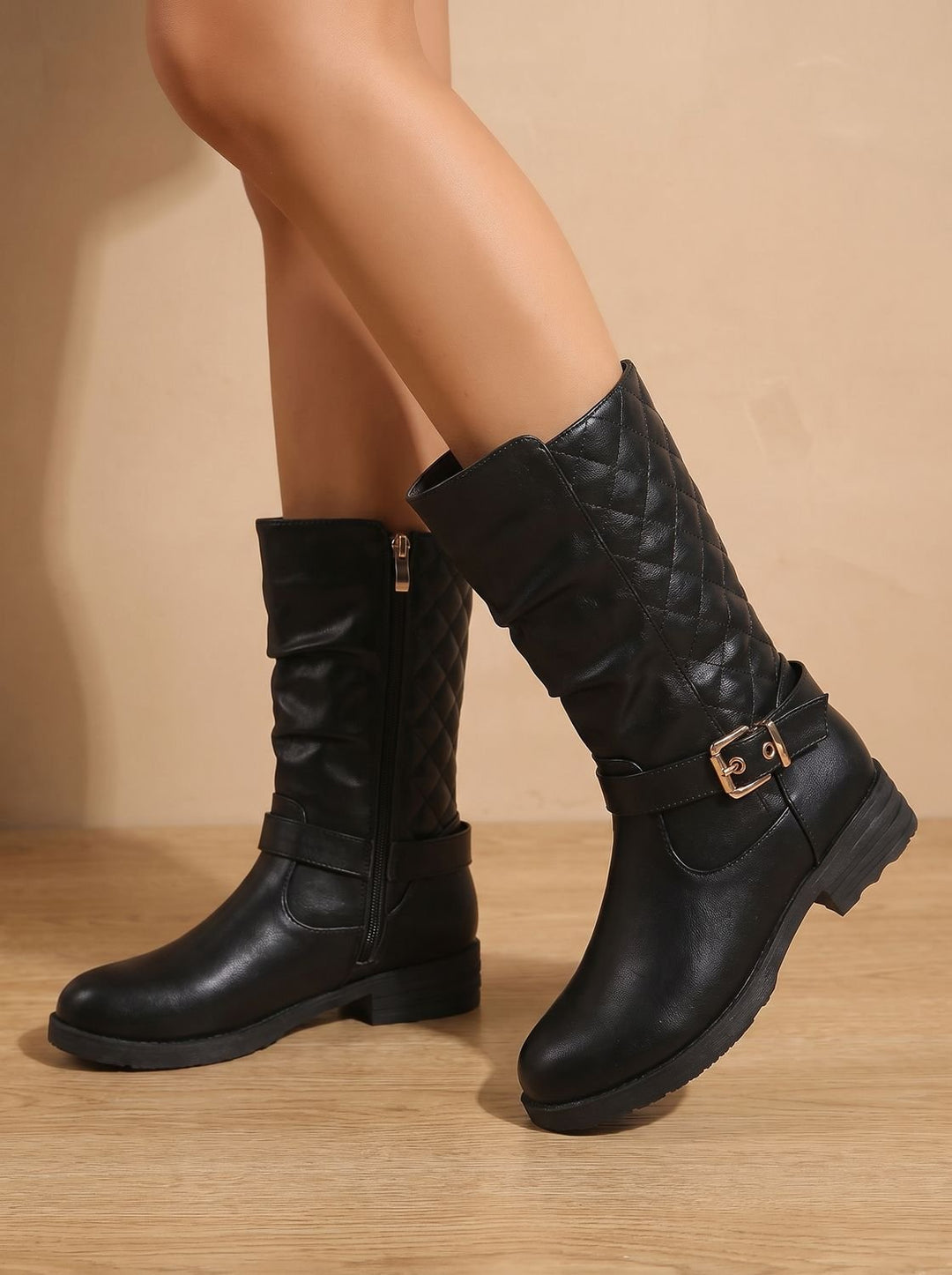 Damen Lederstiefel mit Blockabsatz und gerafftem Schaft in Goldfarben 7