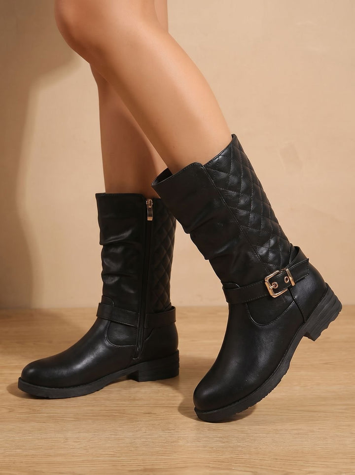 Damen Lederstiefel mit Blockabsatz und gerafftem Schaft in Goldfarben 7