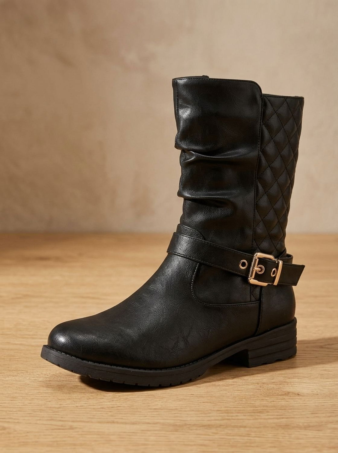 Damen Lederstiefel mit Blockabsatz und gerafftem Schaft in Goldfarben 9