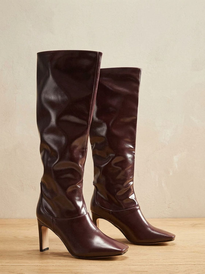 Damen Lederstiefel zum Knie mit Blockabsatz (4)