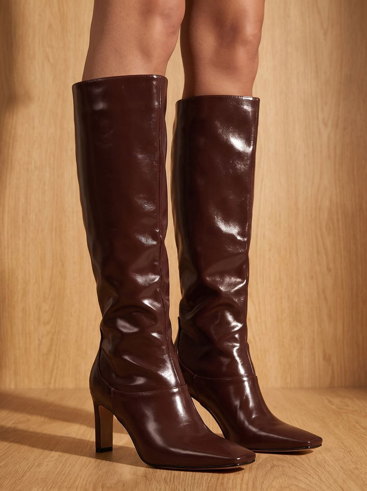 Damen Lederstiefel zum Knie mit Blockabsatz (5)