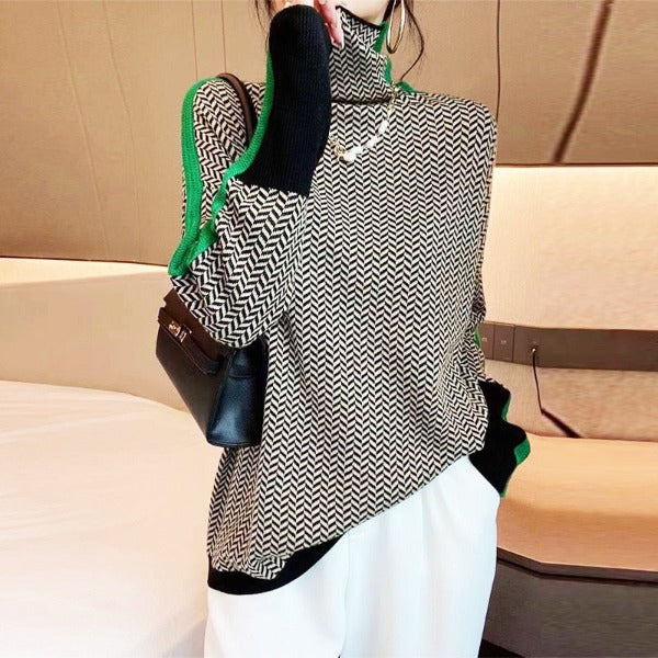 Damen Norwegerpullover mit Rollkragen und Streifen in Grün
