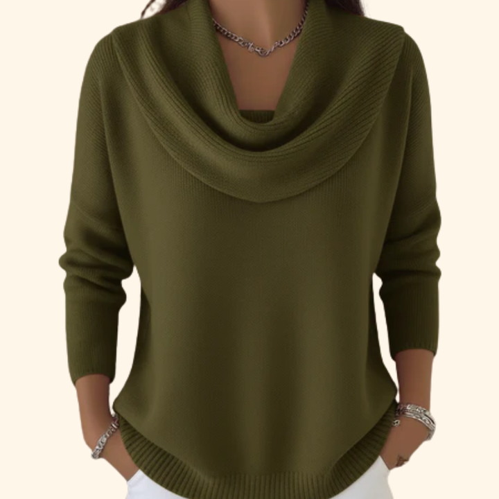Damen-Pullover aus Baumwolle mit Wasserfallkragen in Army Green