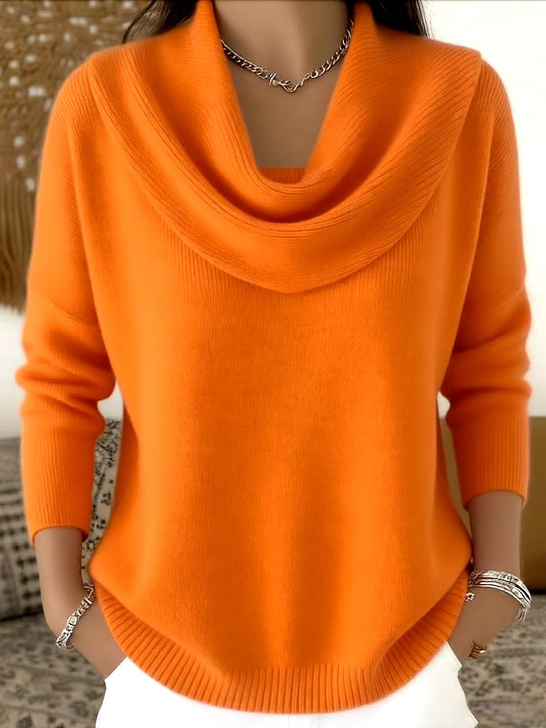 Damen-Pullover aus Baumwolle mit Wasserfallkragen in Orange