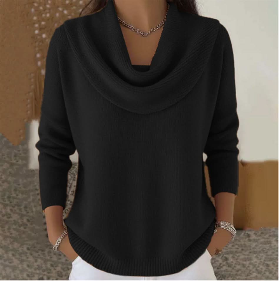 Damen-Pullover aus Baumwolle mit Wasserfallkragen in Schwarz