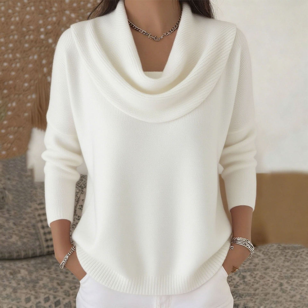 Damen-Pullover aus Baumwolle mit Wasserfallkragen in Weiß