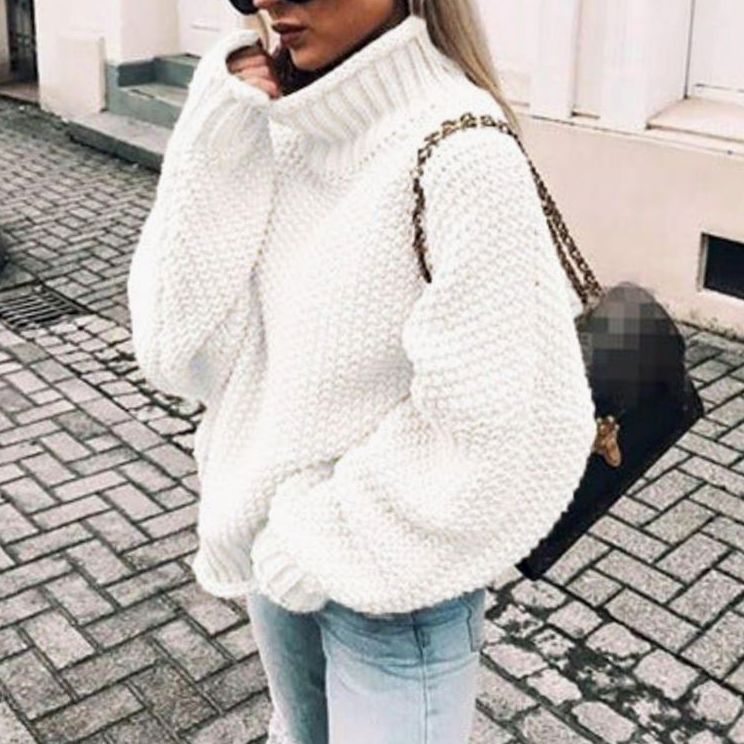 Damen Pullover aus Grobstrick mit Rollkragen, Oversize in Weiß