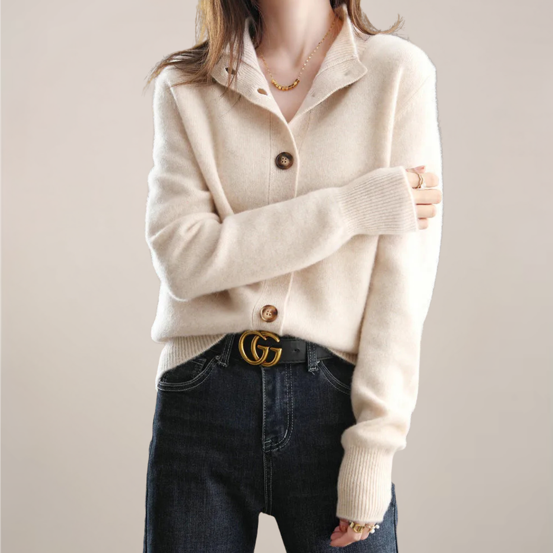 Damen Pullover Cardigan mit klassischem Kragen in Creme