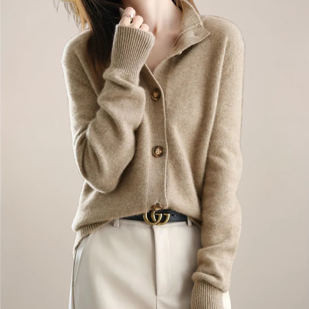 Damen Pullover Cardigan mit klassischem Kragen in Khaki