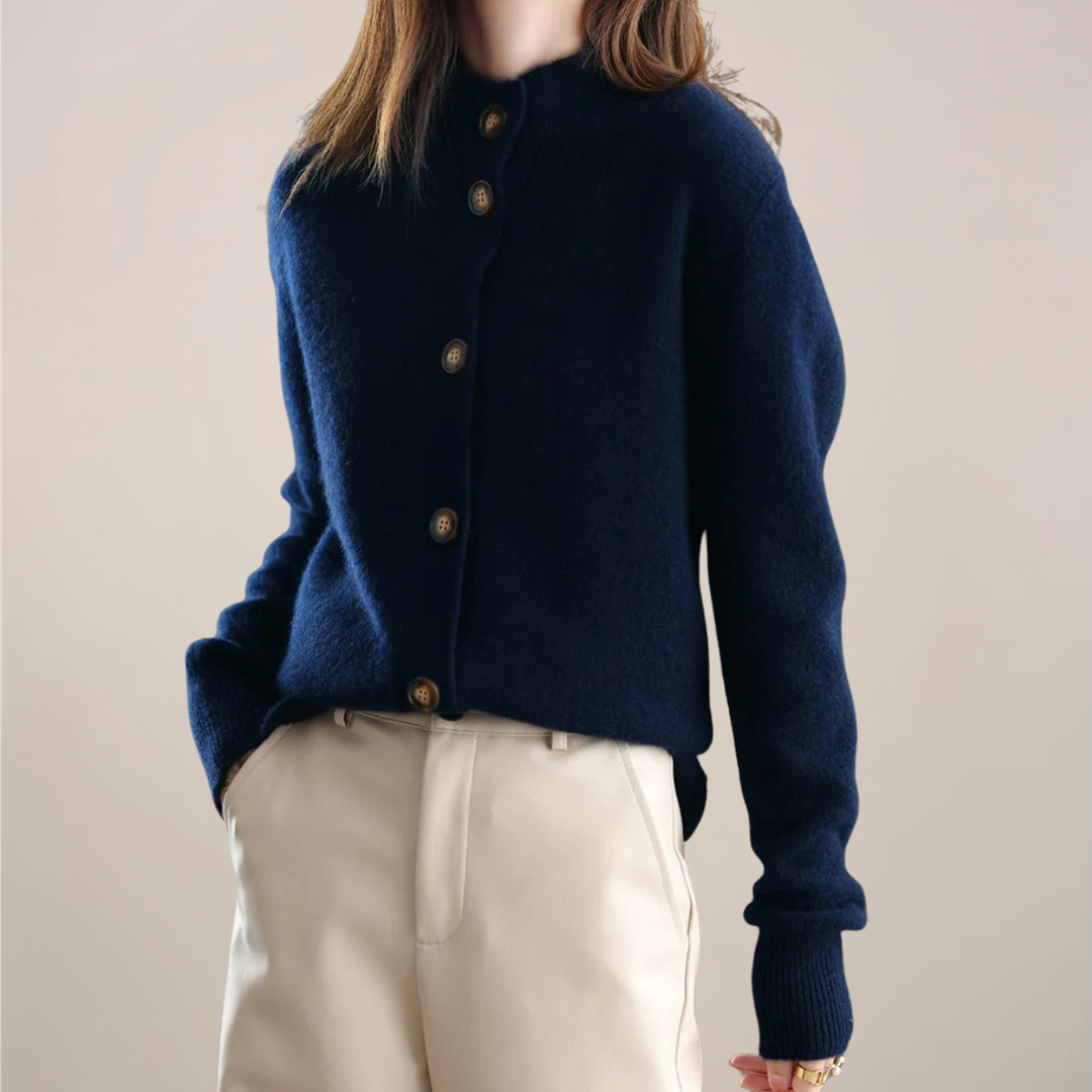 Damen Pullover Cardigan mit klassischem Kragen in Marineblau