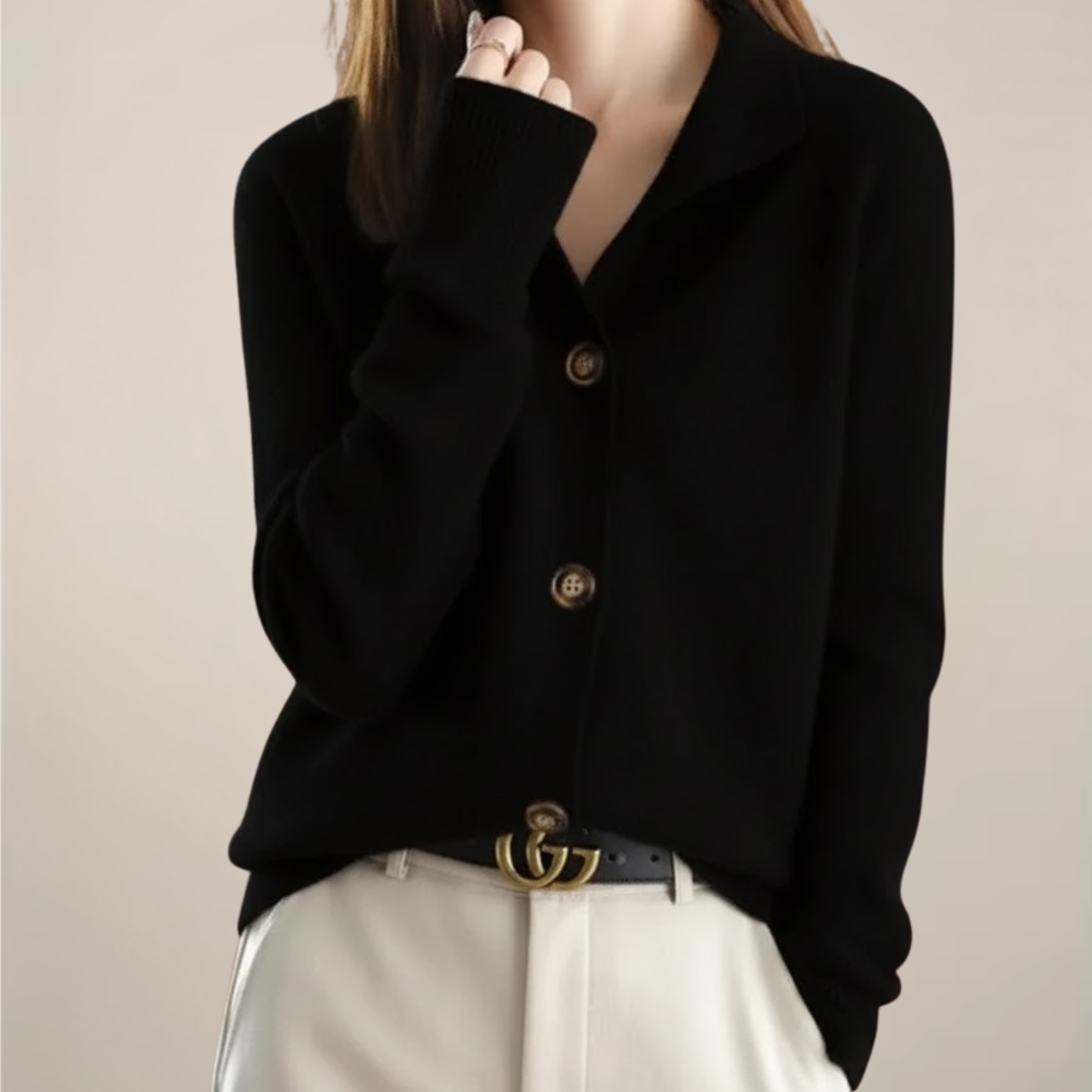 Damen Pullover Cardigan mit klassischem Kragen in Schwarz