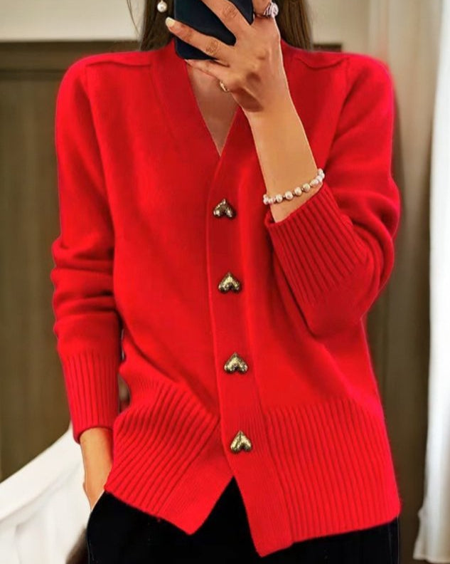 Damen Pullover im Cardigan-Stil mit V-Ausschnitt in Rot