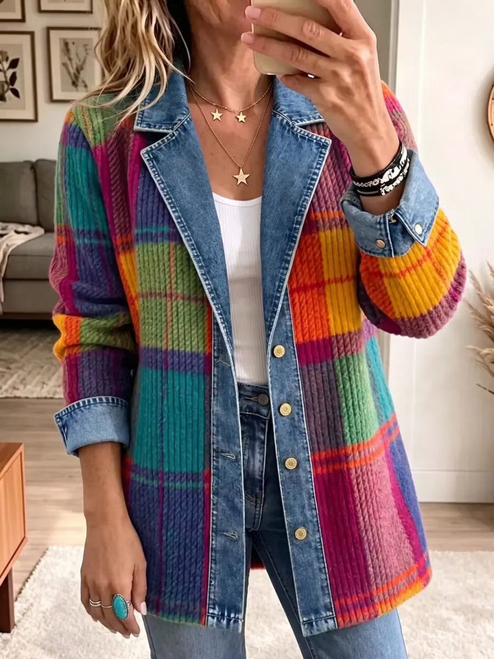 Damen Pullover mit Karo-Muster und Denim-Akzenten in Mehrfarbig