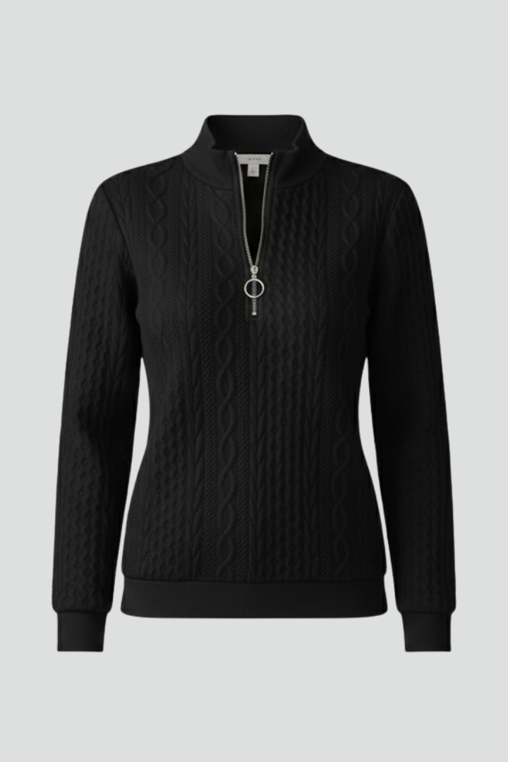 Damen Pullover mit strukturiertem Zopfmuster und Reißverschluss-Kragen