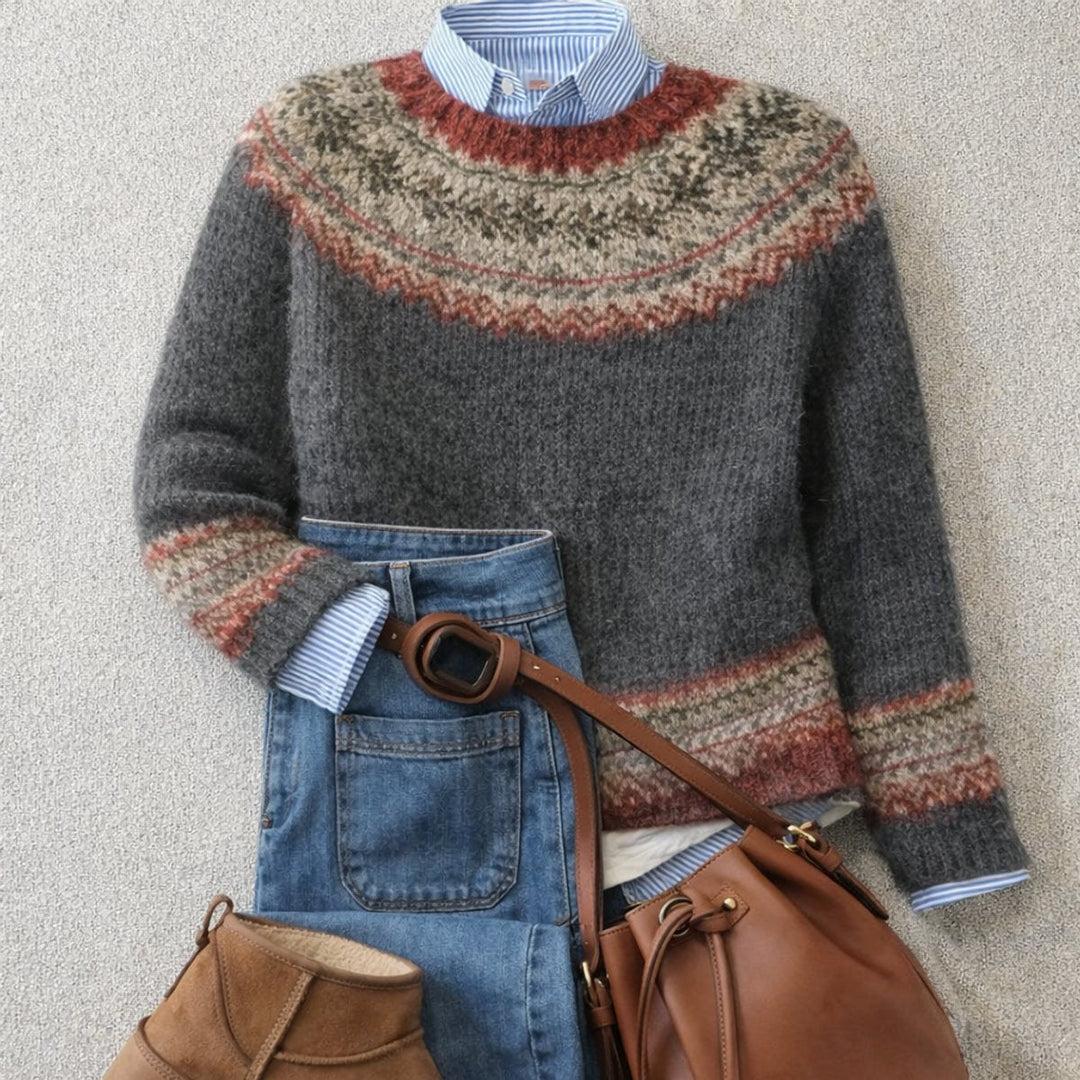 Damen Pullover Nordisch Fair-Isle Locker in Grau