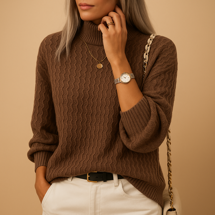 Damen Pullover Rollkragen Rippenstrick Langarm in Dunkelbraun