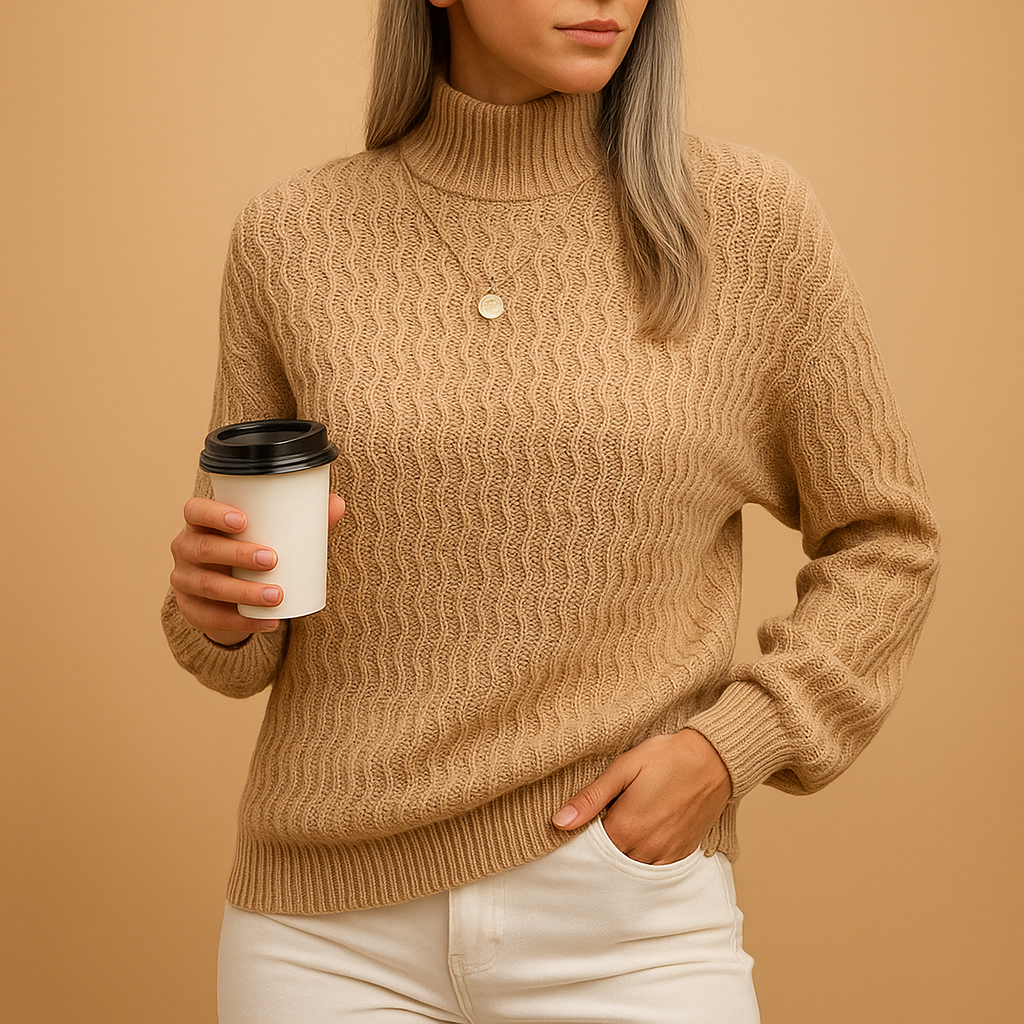 Damen Pullover Rollkragen Rippenstrick Langarm in Hellbraun