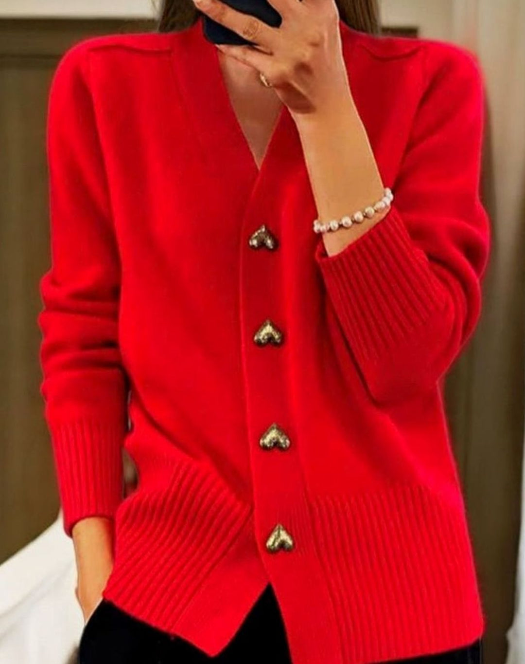 Damen Pullover Strickjacke mit V-Ausschnitt in Rot