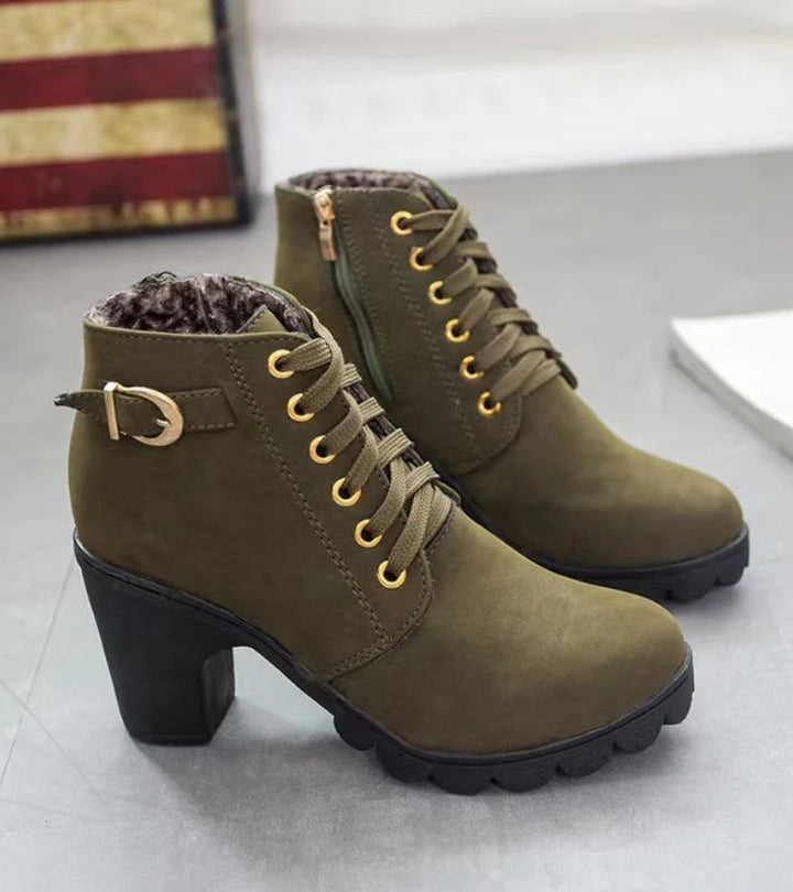 Damen Schnürstiefel im modernen Stil mit Schnalle in Armeegrün