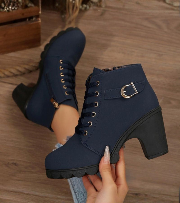 Damen Schnürstiefel im modernen Stil mit Schnalle in Blau