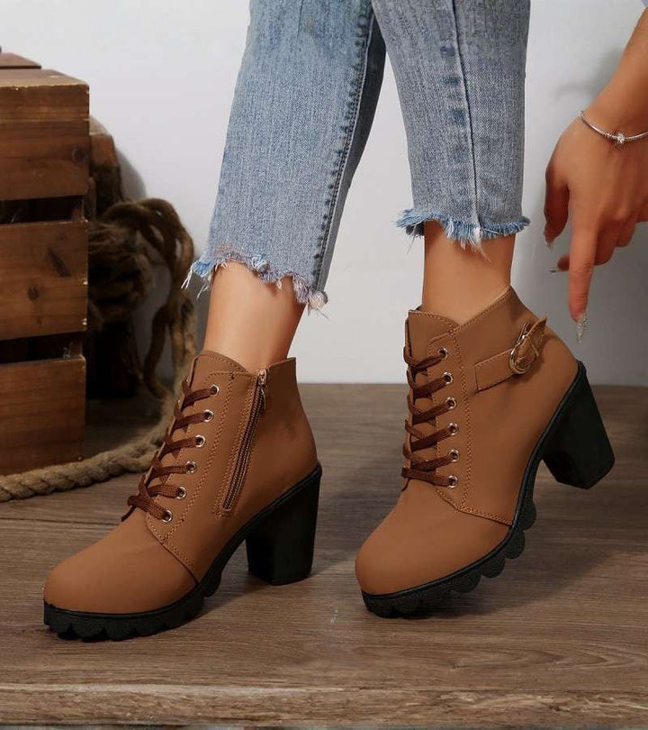 Damen Schnürstiefel im modernen Stil mit Schnalle in Braun