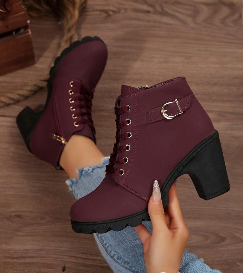 Damen Schnürstiefel im modernen Stil mit Schnalle in Burgund