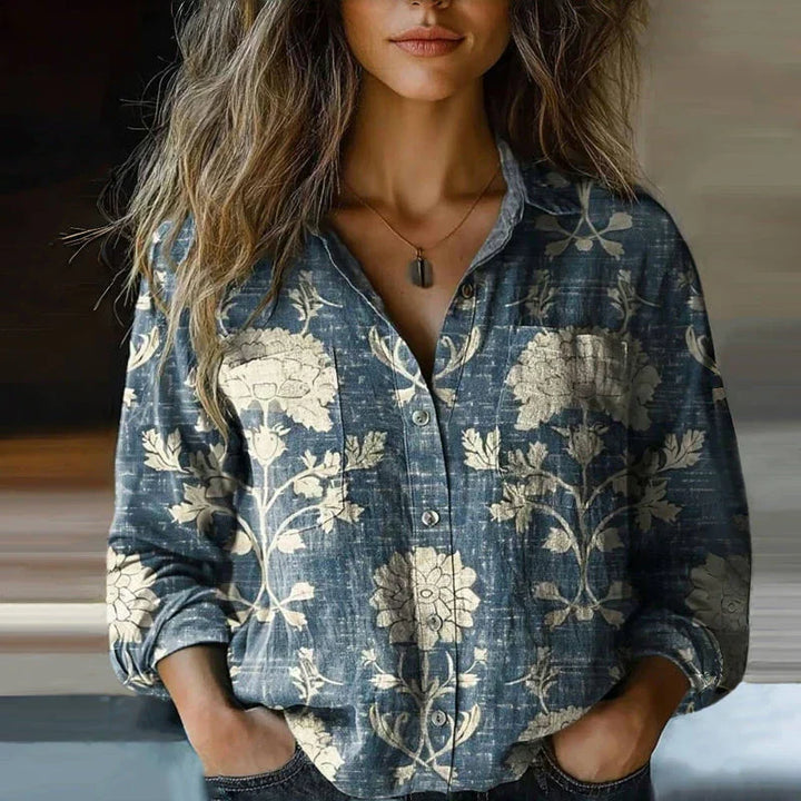 Damen Seidenbluse elegant im Boho-Stil in Blau
