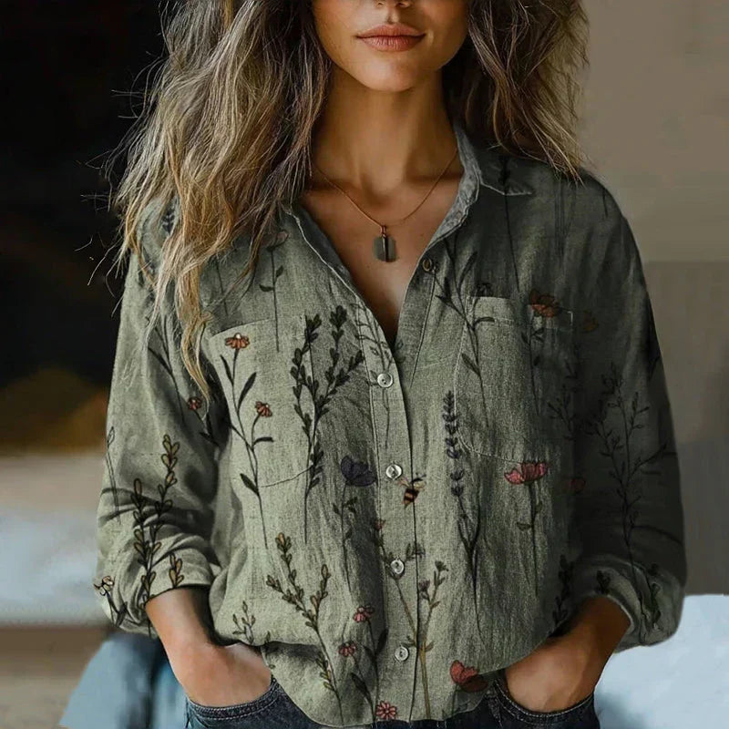 Damen Seidenbluse elegant im Boho-Stil in Grün