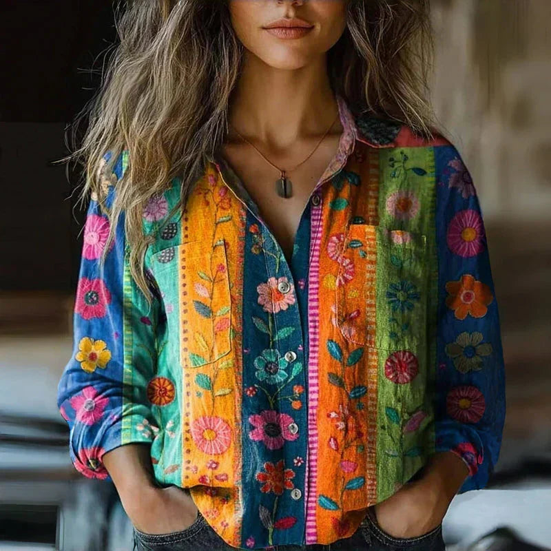 Damen Seidenbluse elegant im Boho-Stil in Mehrfarbig