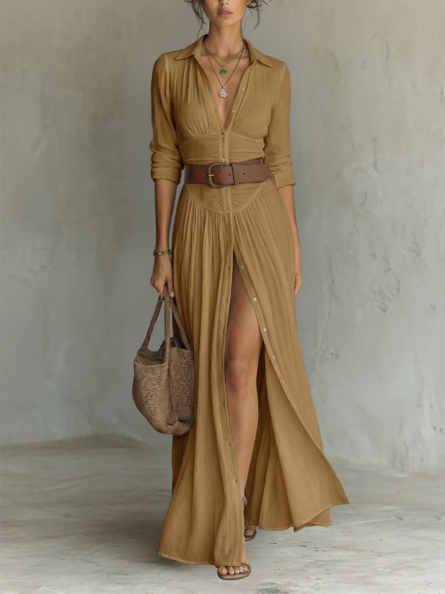 Damen Seidenbluse mit Gürtel Maxi im Boho-Stil in Braun