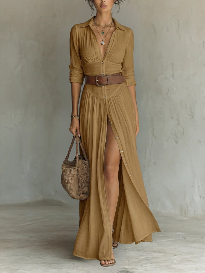 Damen Seidenbluse mit Gürtel Maxi im Boho-Stil in Braun
