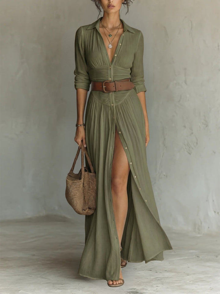 Damen Seidenbluse mit Gürtel Maxi im Boho-Stil in Grün