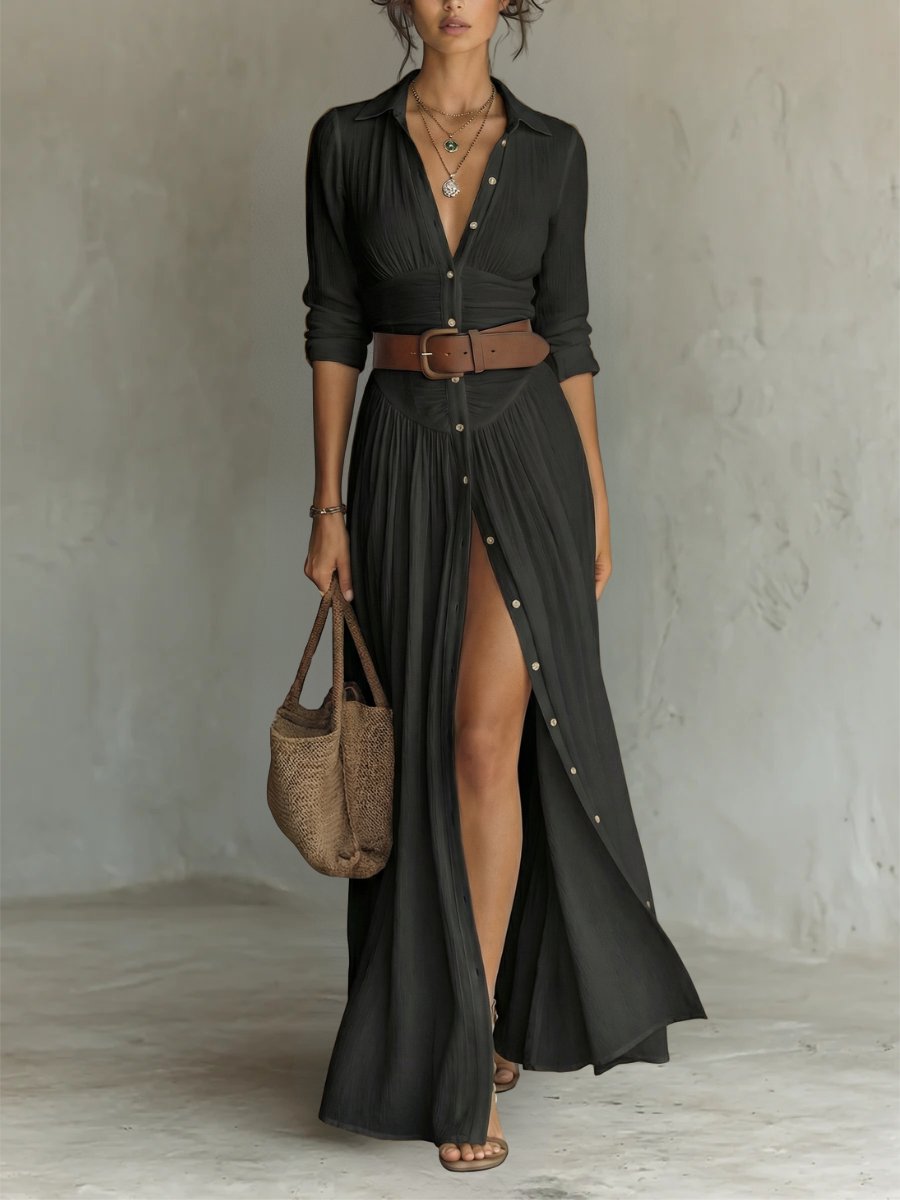 Damen Seidenbluse mit Gürtel Maxi im Boho-Stil in Schwarz