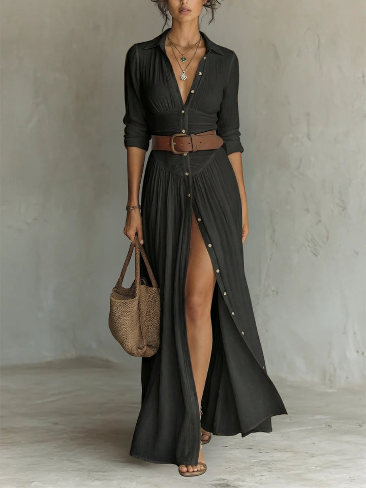 Damen Seidenbluse mit Gürtel Maxi im Boho-Stil in Schwarz