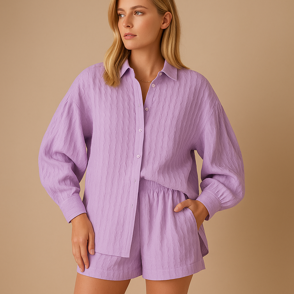 Damen Seidenbluse und Shorts zum Sommerurlaub in Helllila