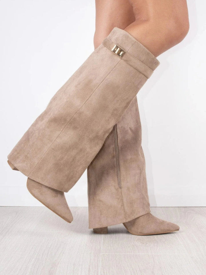 Damen Stiefel elegant mit Spitzkappe und Blockabsatz in Beige