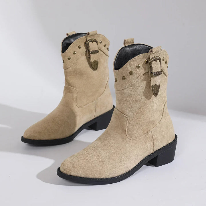 Damen Stiefeletten im Reitstil mit Wildleder-Look in Beige