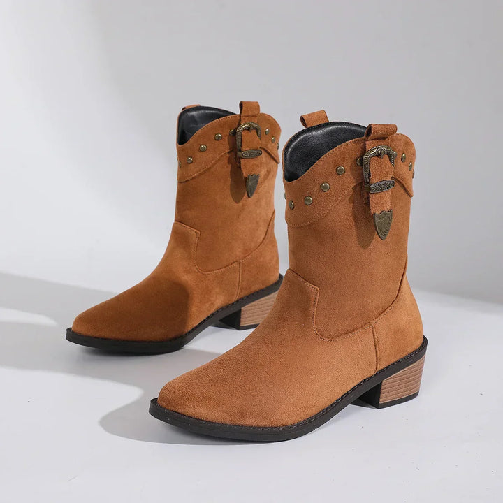 Damen Stiefeletten im Reitstil mit Wildleder-Look in Braun