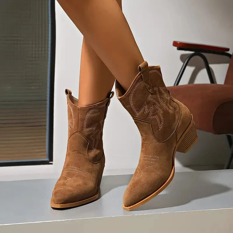 Damen Stiefeletten im Western-Stil mit Blockabsatz in Braun
