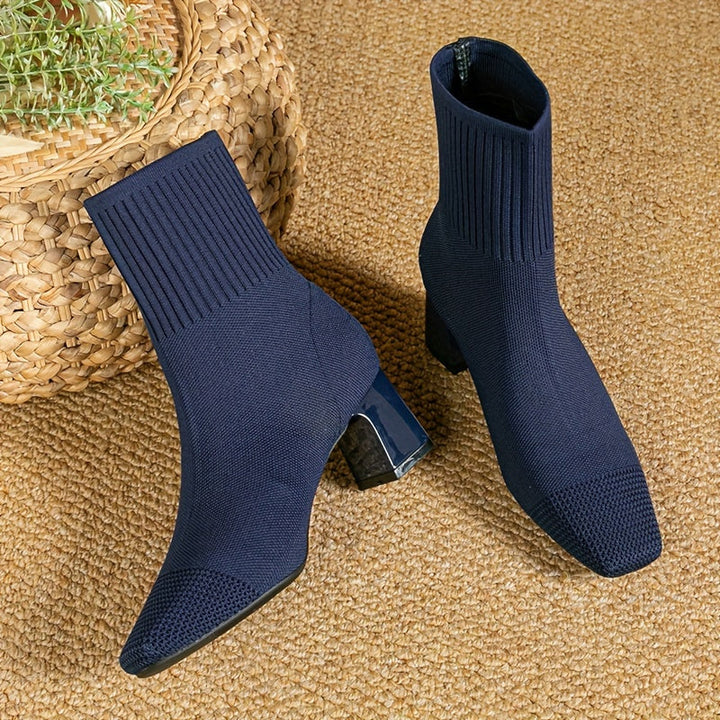 Damen Stiefeletten mit Strickschaft und Blockabsatz in Blau