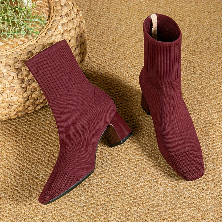 Damen Stiefeletten mit Strickschaft und Blockabsatz in Rot