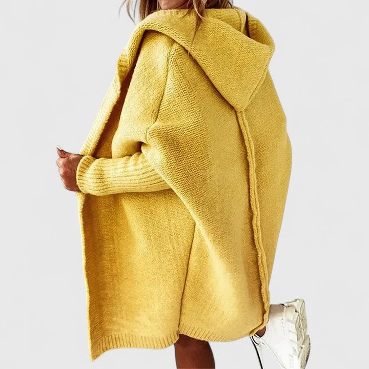 Damen Strickjacke Knielang mit Kapuze in Gelb